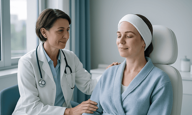 Doctor examining a woman patient after facial augmentation surgery.