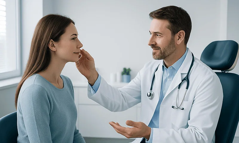 Doctor examining woman's face in a consultation room at Acibadem Hospital.