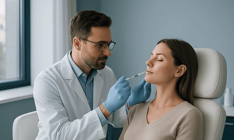 Doctor administering facial filler treatment to a woman in a clinical setting.