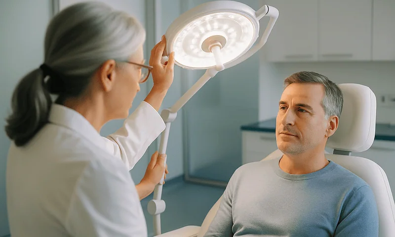 Doctor examining patient in a medical clinic with bright lighting.