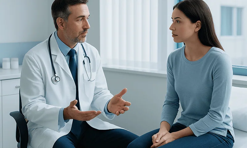 Doctor explaining facial implant risks to a patient in consultation.
