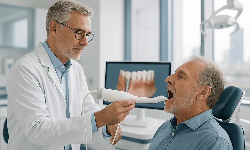 Dentist examining patient's mouth with digital imaging in a modern clinic.