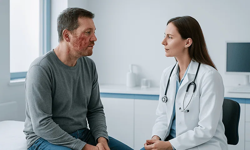 Patient with facial trauma consulting a doctor in a medical office.