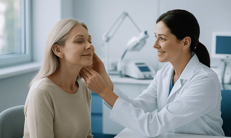 Medical professional examining a woman's face in a clinical setting.