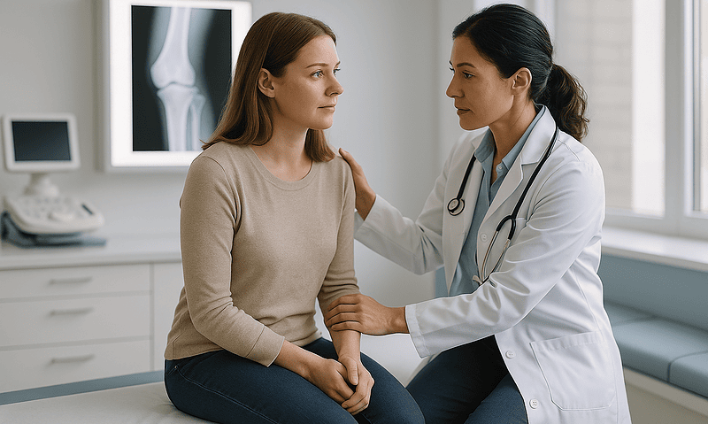 Doctor examining a young woman with facial trauma in a hospital setting.