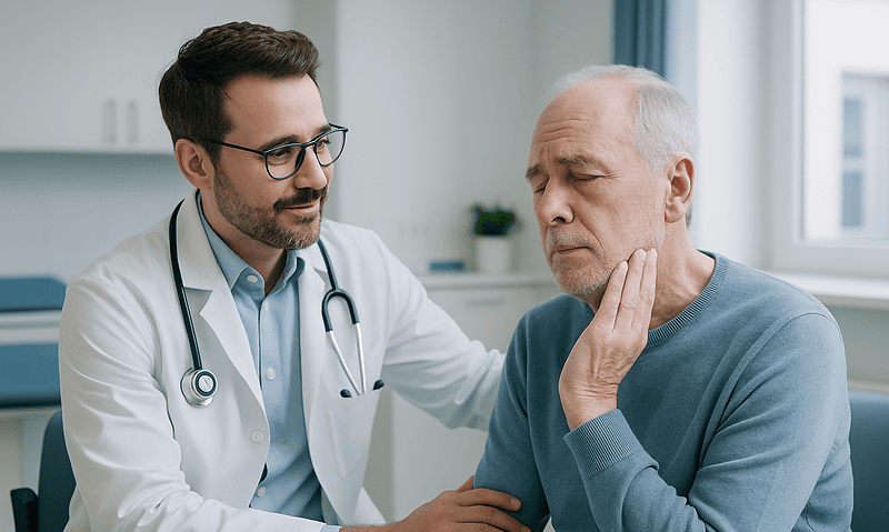 Doctor examining a patient with facial discomfort in a clinic setting.