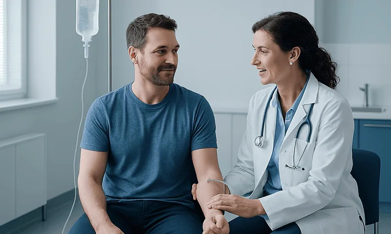 Doctor administering infusion to patient in hospital setting.