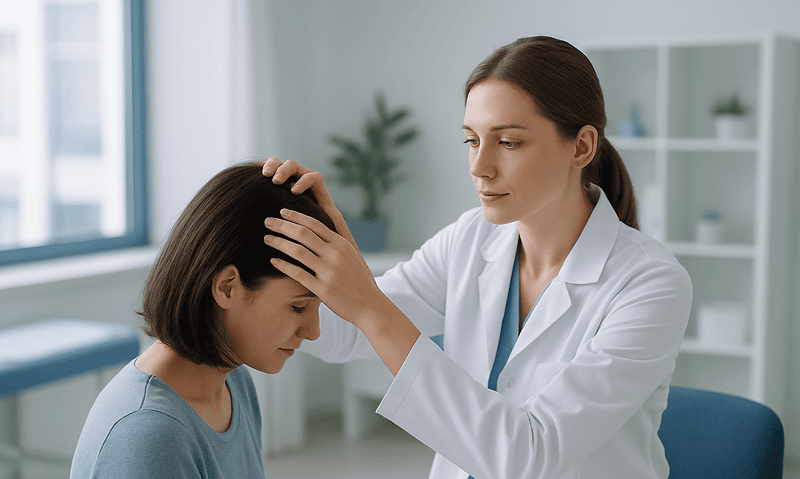 Doctor examining a patient's scalp in a medical clinic setting.