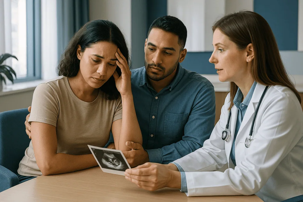 Doctor discussing ultrasound scan with worried couple: Failed IVF: what next, and what a fresh review looks at