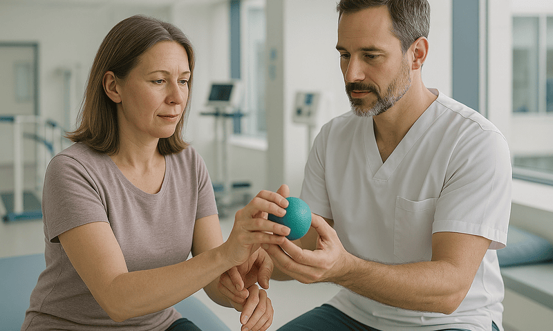 Doctor examining patient's wrist with a small ball in a hospital setting.