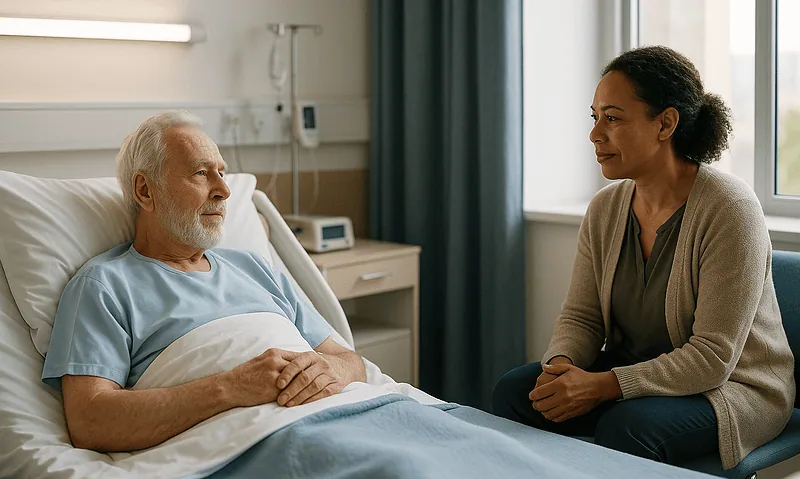 Elderly patient and caregiver having a supportive conversation in hospital room.