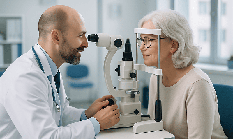 Optometrist examining elderly woman's eyes with slit lamp in clinic.