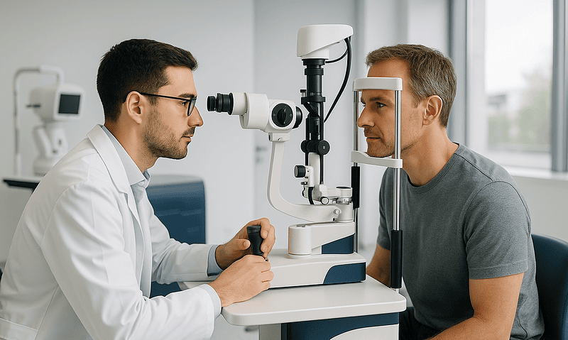 Optometrist performs eye examination on patient using slit lamp device.