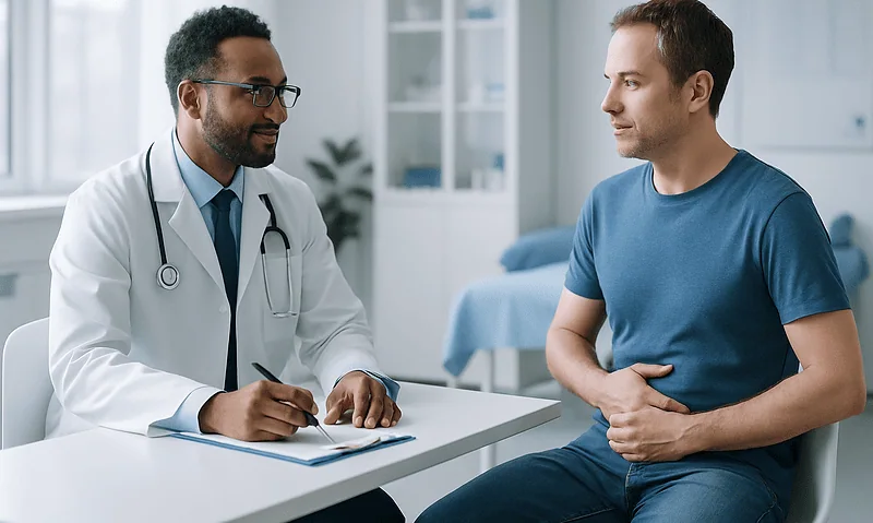 Doctor consulting with patient about fasting before blood tests at hospital.