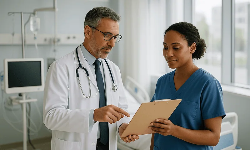 Doctor and nurse discussing patient care in hospital room.