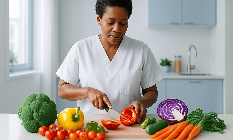 Nurse preparing fresh vegetables in a modern kitchen for healthy eating.