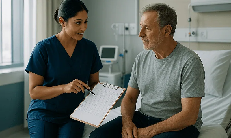 Doctor consulting with patient in hospital room at Acibadem Hospitals Group.