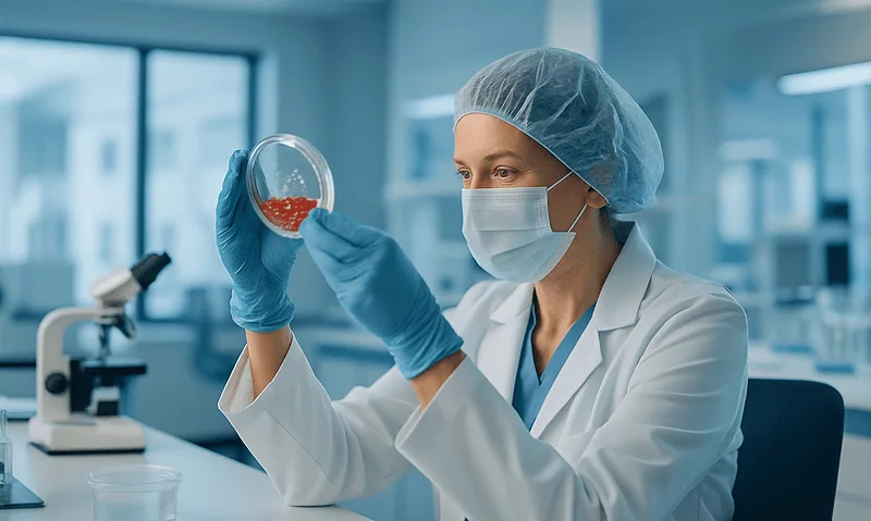 Laboratory scientist examining a petri dish in a medical lab setting.