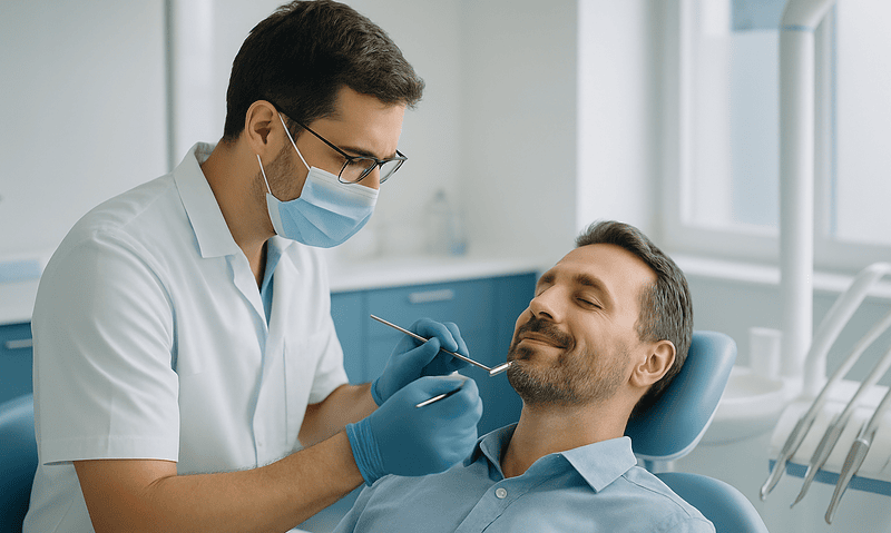 Dentist performing a dental check-up on a patient in a modern clinic.