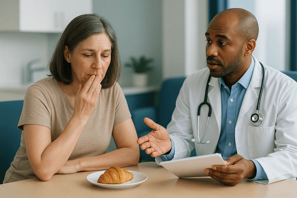 Doctor consulting with middle-aged woman about medical results: Fasting rules: local anesthesia versus sedation versus gener