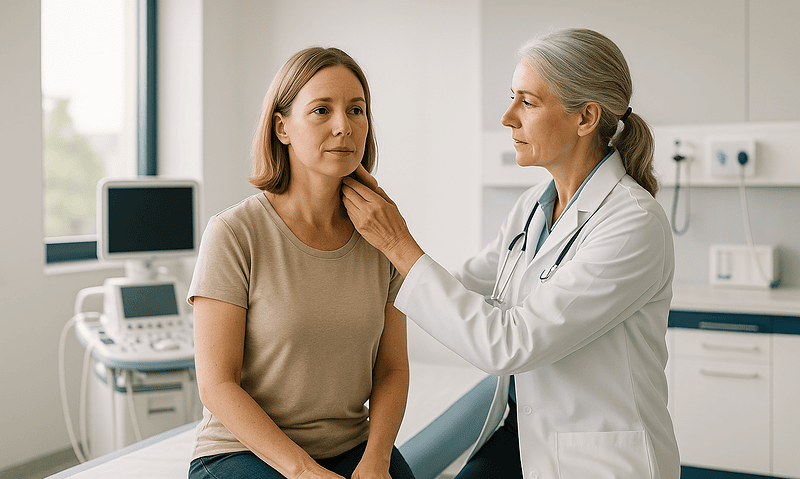 Doctor examines woman's neck in a clinical setting at Acibadem Hospitals Group.