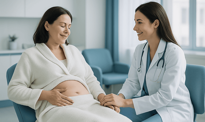 Pregnant woman with doctor during prenatal consultation at hospital.