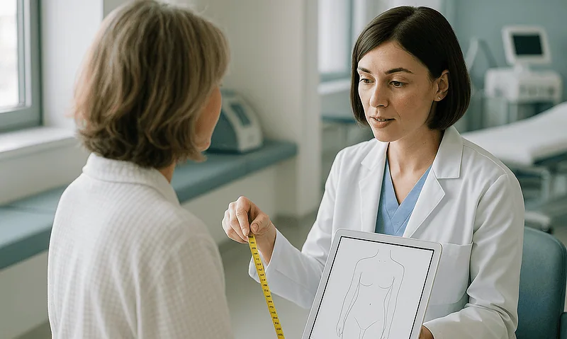 Doctor measuring patient for cosmetic consultation at Acibadem Hospital.