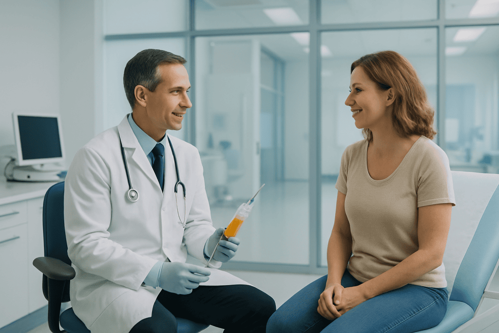 Fat Transfer 1 Doctor consulting with a female patient in a modern hospital setting.