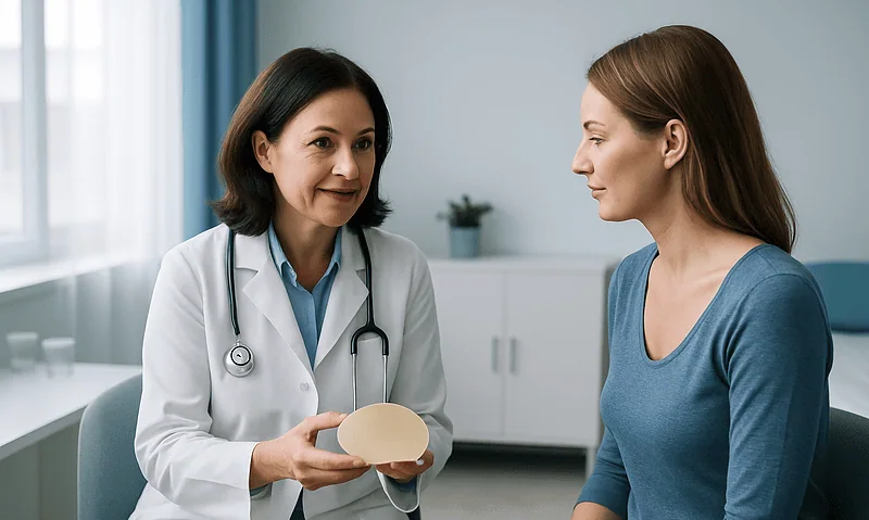 Doctor explaining breast augmentation options to a patient in a clinic setting.
