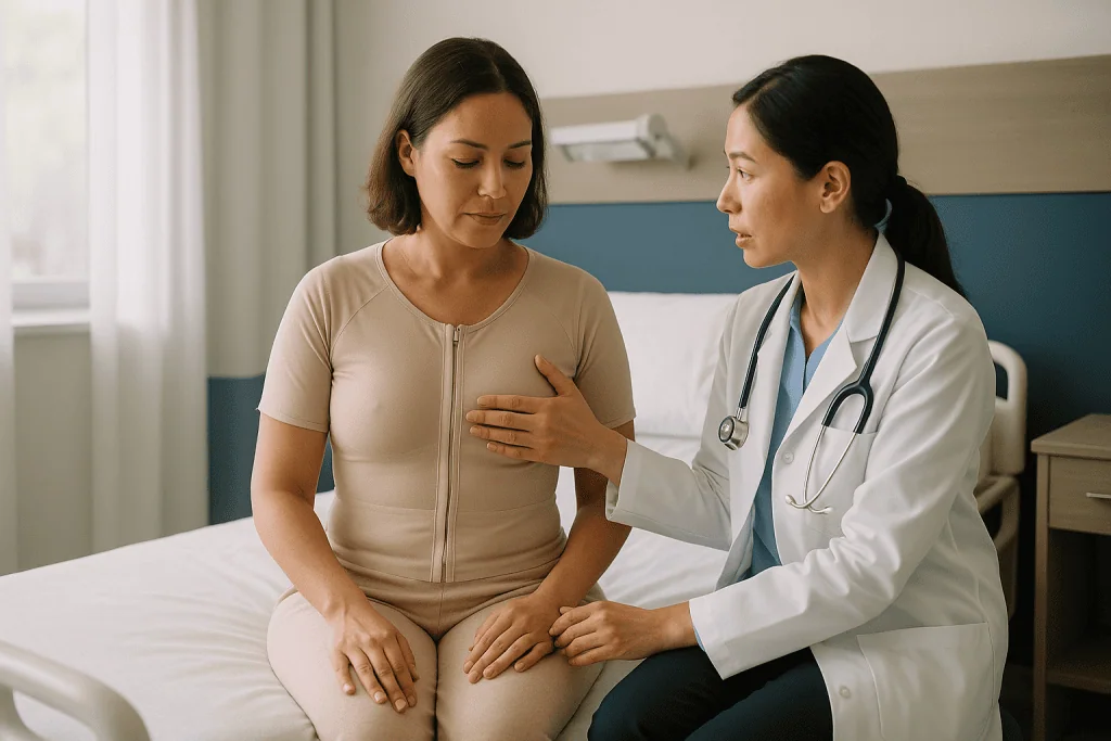 Doctor examining patient's abdomen in clinical consultation: Fat transfer breast recovery timeline: the first 48 hours to 6 