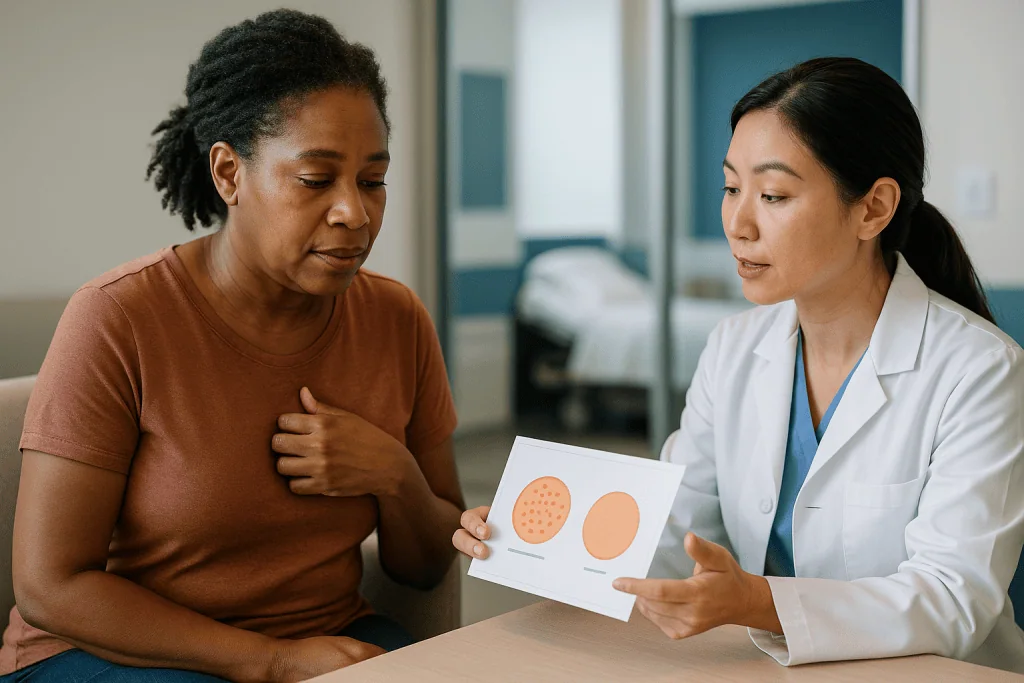 Doctor consulting patient with skin condition diagram: Fat transfer risks at a glance: what is common and what is rare