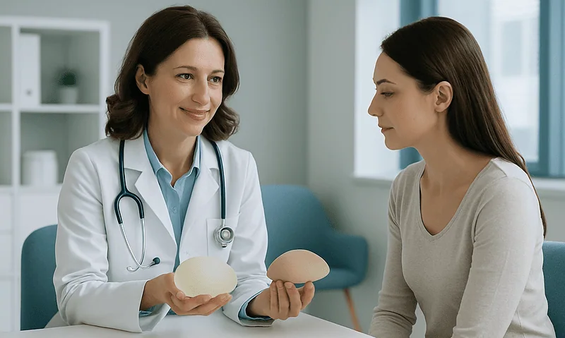 Doctor explaining breast implant options to patient in clinic.