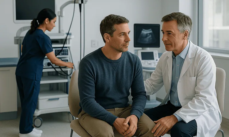 Doctor consulting with patient in a medical examination room.