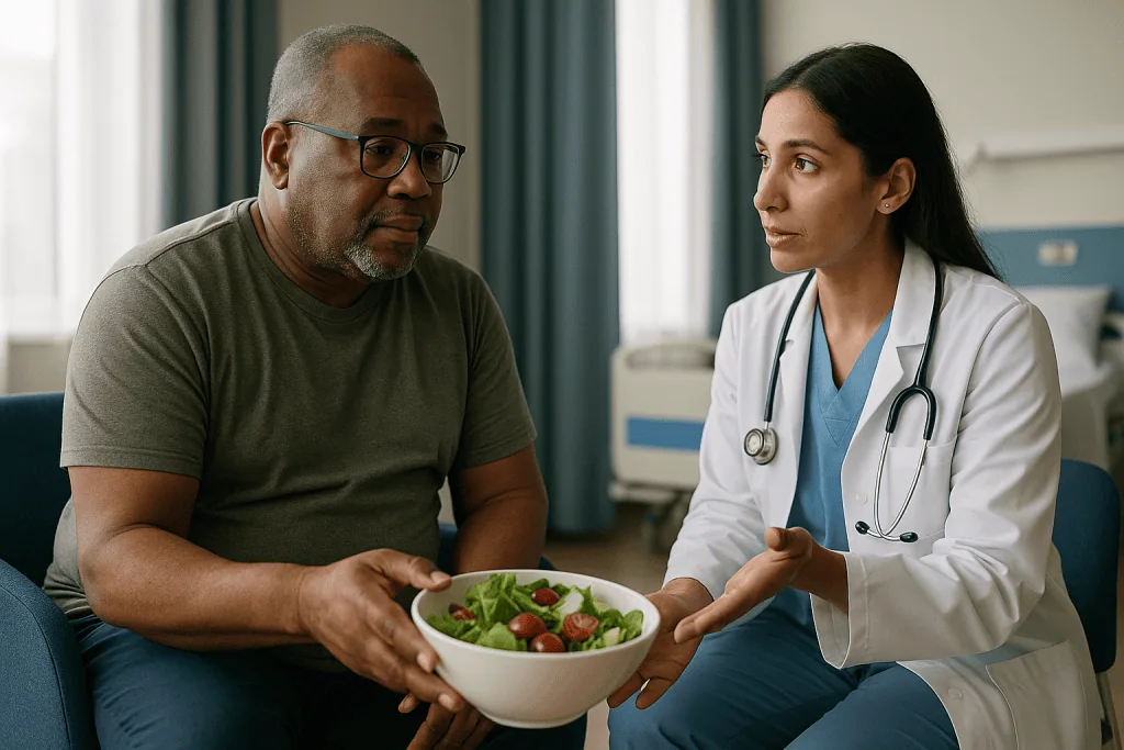 Doctor consulting patient about healthy salad diet: Fatty liver treatment: what the evidence really supports