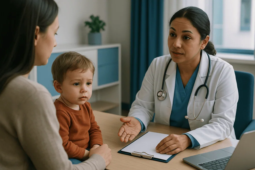 Pediatrician consulting with mother and young child: Febrile seizure neurology referral: who is usually referred, and who is