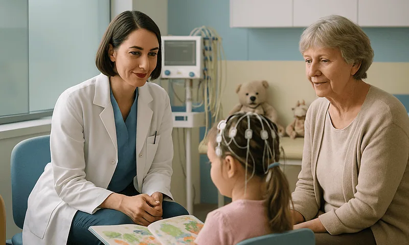 Pediatric neurologist consulting with young girl and her grandmother in hospital.