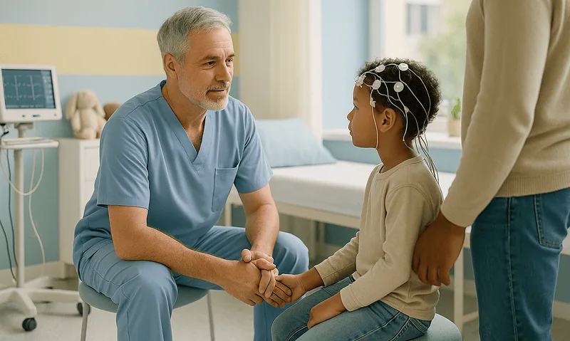 Doctor consulting with a young girl in a hospital room.