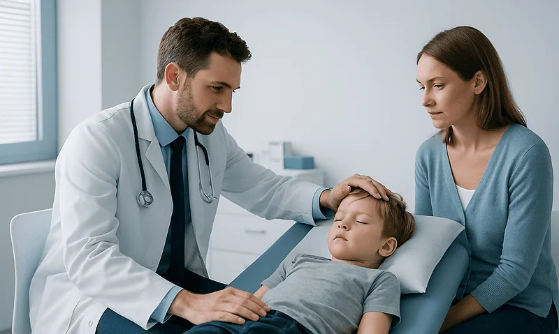 Febrile Seizures: What They Look Like and Whether They Can Be Prevented 2 Doctor examining a child with a mother in a hospital room.