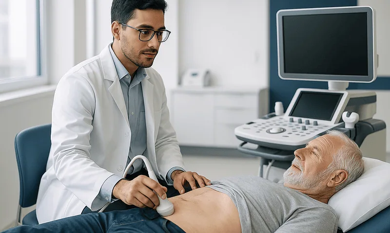Doctor performing an ultrasound examination on an elderly male patient.