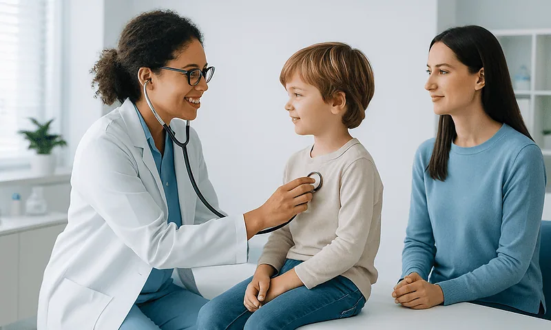 Pediatric consultation at Acibadem Hospital with doctor and mother.