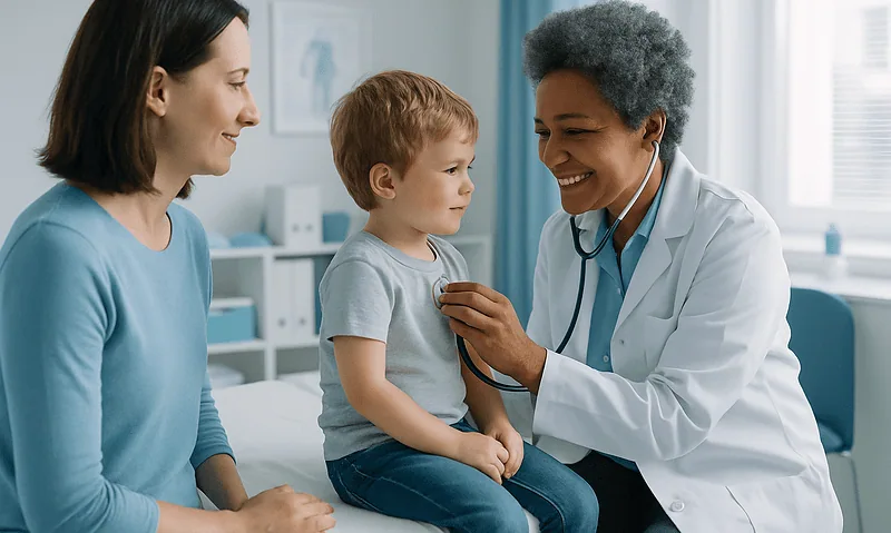 Pediatric consultation at Acibadem Hospital with a doctor and mother.