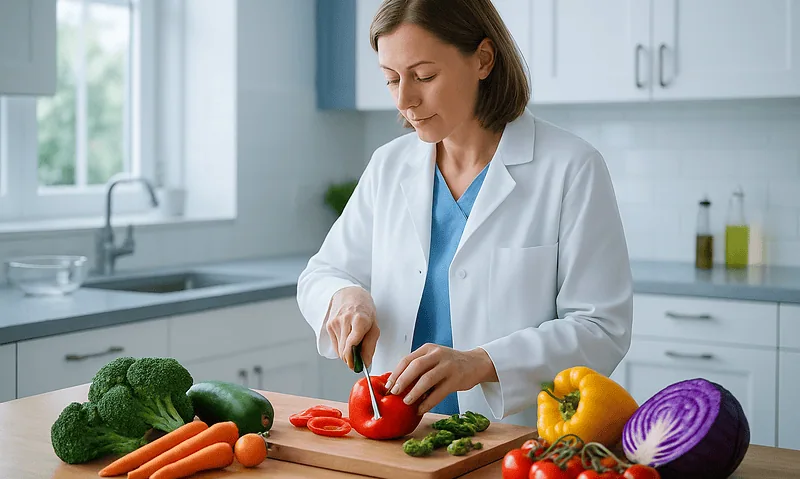 Healthcare professional preparing fresh vegetables in a modern kitchen.