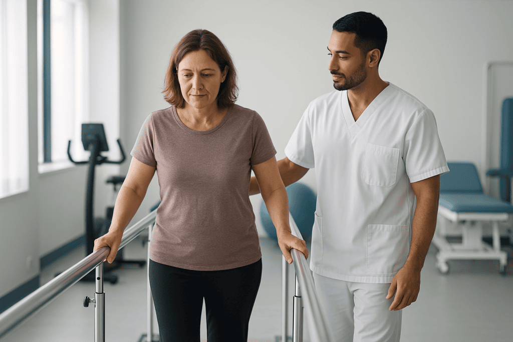 Feeding and Swallowing Rehabilitation 1 Rehabilitation session with a patient using parallel bars at Acibadem Hospitals.