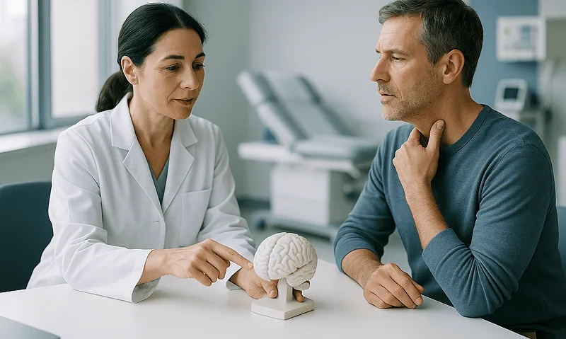 Doctor explaining brain function to a patient in a clinical setting.