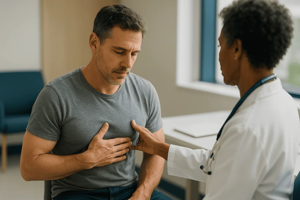 Doctor examining patient's chest during consultation: Feel: does a pectoral implant feel like muscle, or does fat?