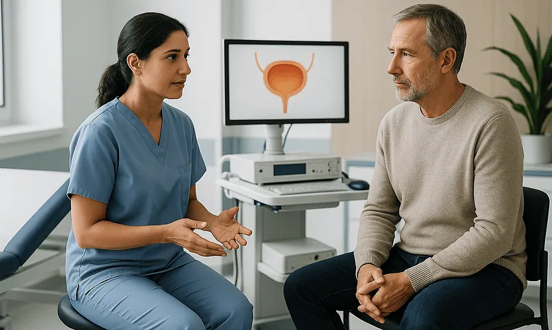 Urologist consulting with a male patient about bladder health in a medical office.