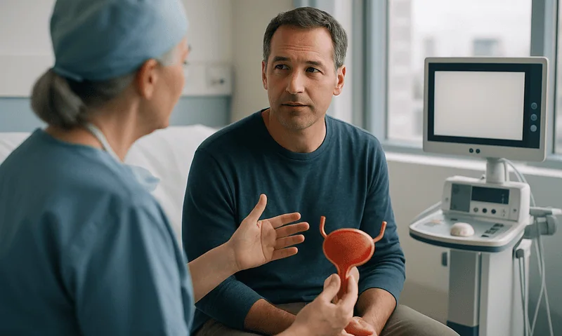 Urologist explaining bladder health to a male patient in a hospital setting.