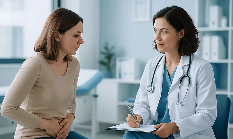 Female patient consulting with a doctor in a medical office.