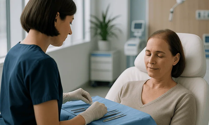 Medical professional preparing for female hair transplant consultation at Acibadem Hospital.