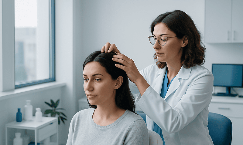 Female Hair Transplant Cost: How Unshaven Techniques Affect the Price 2 Doctor examining woman's scalp in a medical clinic setting.